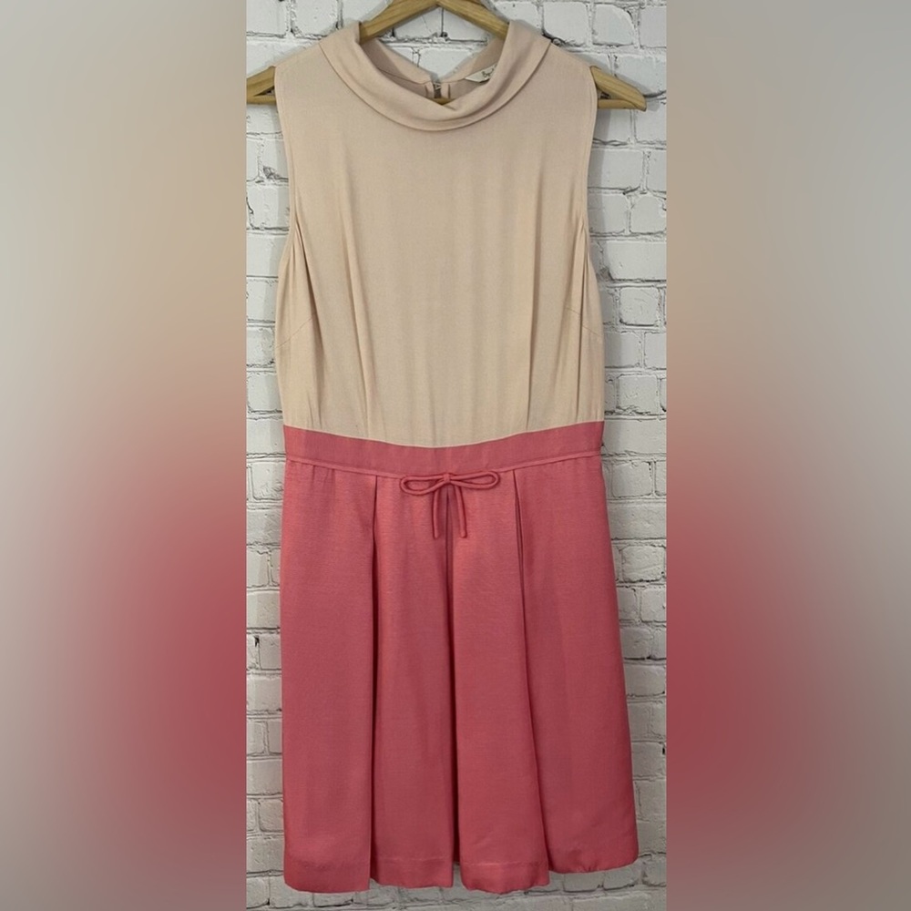 Boden ladies high neck bow detail waist pink and blush/cream dress Size 18